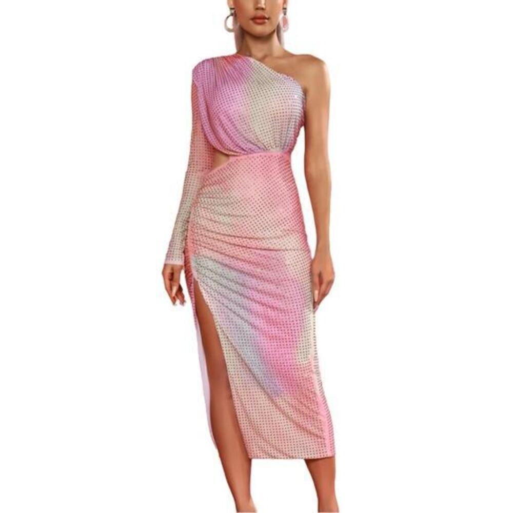 AMAZING MAE Rainbow Rhinestone Cutout Midi Dress